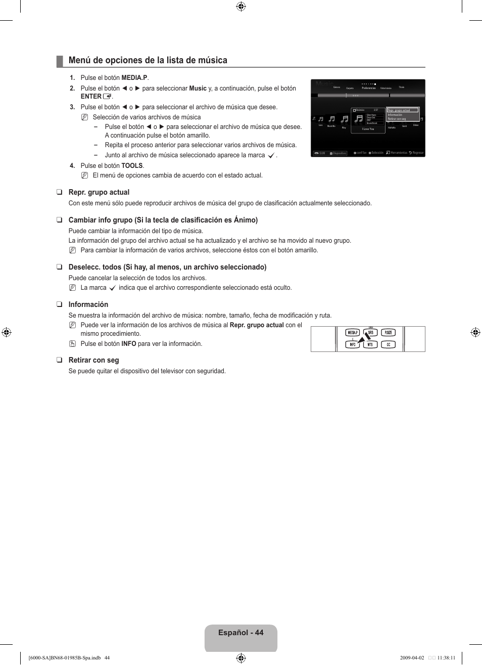 Menú de opciones de la lista de música, Español, Repr. grupo actual | Información, Retirar con seg | Samsung UN40B6000VFUZA User Manual | Page 128 / 153