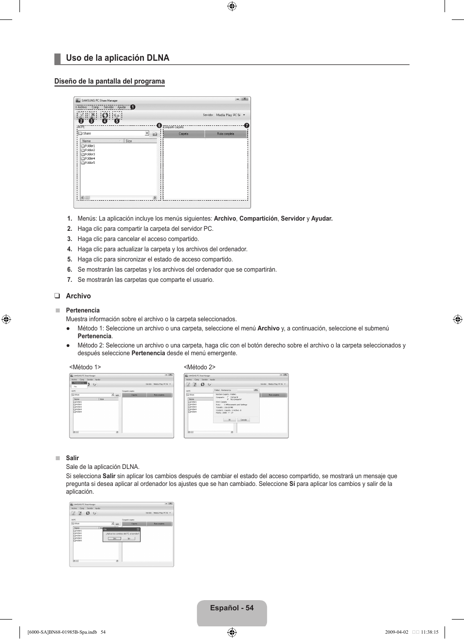 Uso de la aplicación dlna | Samsung UN40B6000VFUZA User Manual | Page 138 / 153