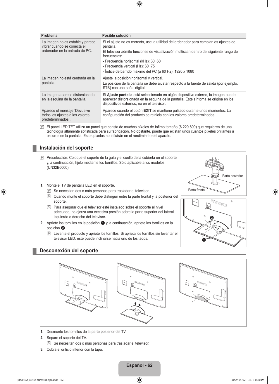 Instalación del soporte, Desconexión del soporte | Samsung UN40B6000VFUZA User Manual | Page 146 / 153