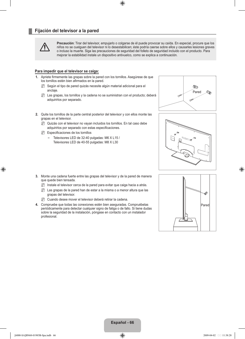 Fijación del televisor a la pared | Samsung UN40B6000VFUZA User Manual | Page 150 / 153