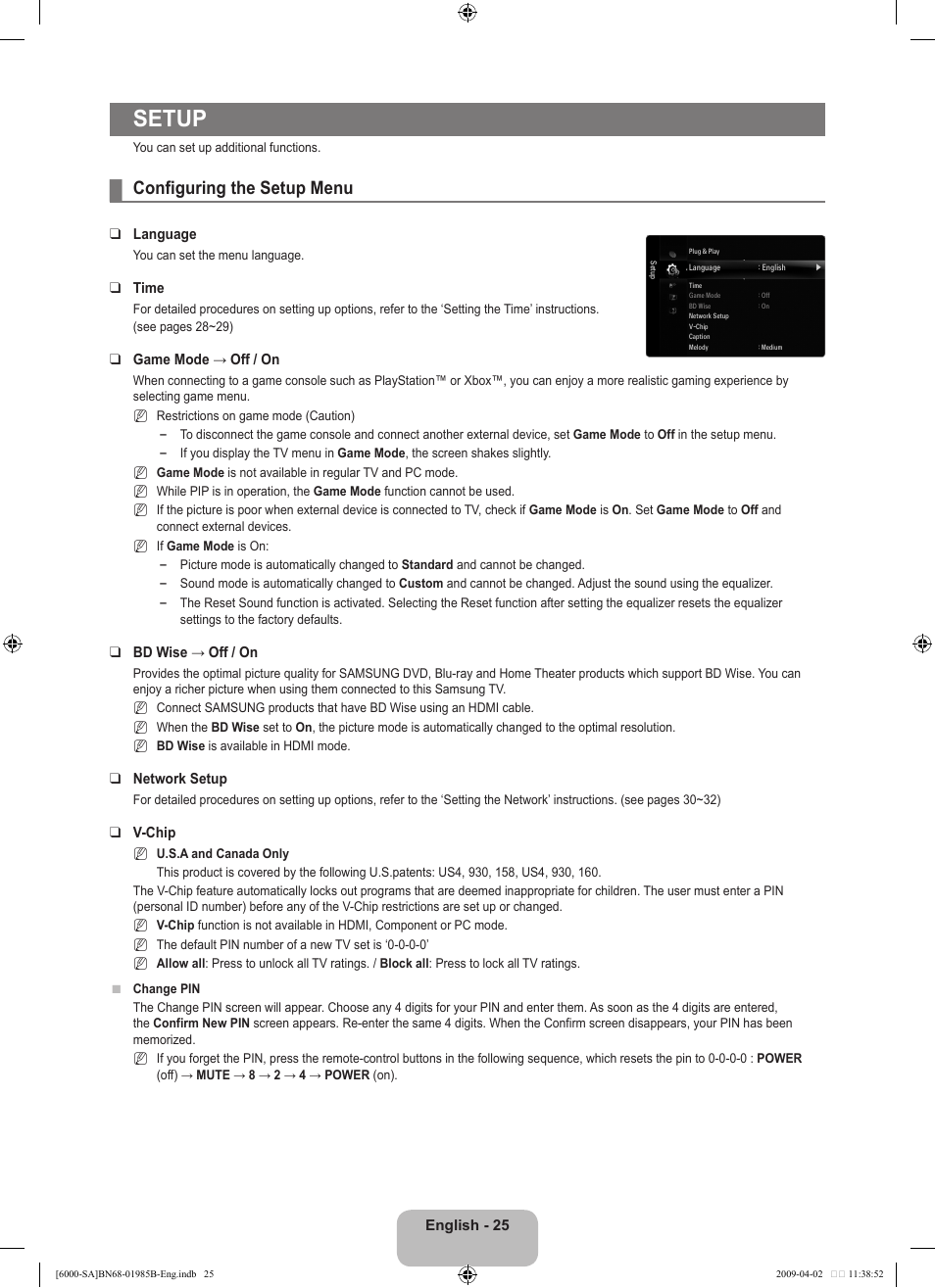 Setup, Configuring the setup menu | Samsung UN40B6000VFUZA User Manual | Page 27 / 153