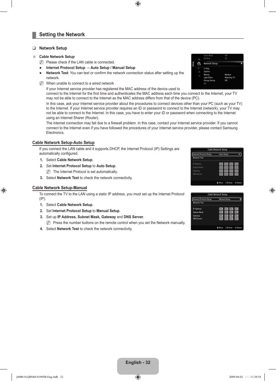 Setting the network, English, Network setup | Cable network setup-auto setup, Cable network setup-manual, N● ● n n n | Samsung UN40B6000VFUZA User Manual | Page 34 / 153