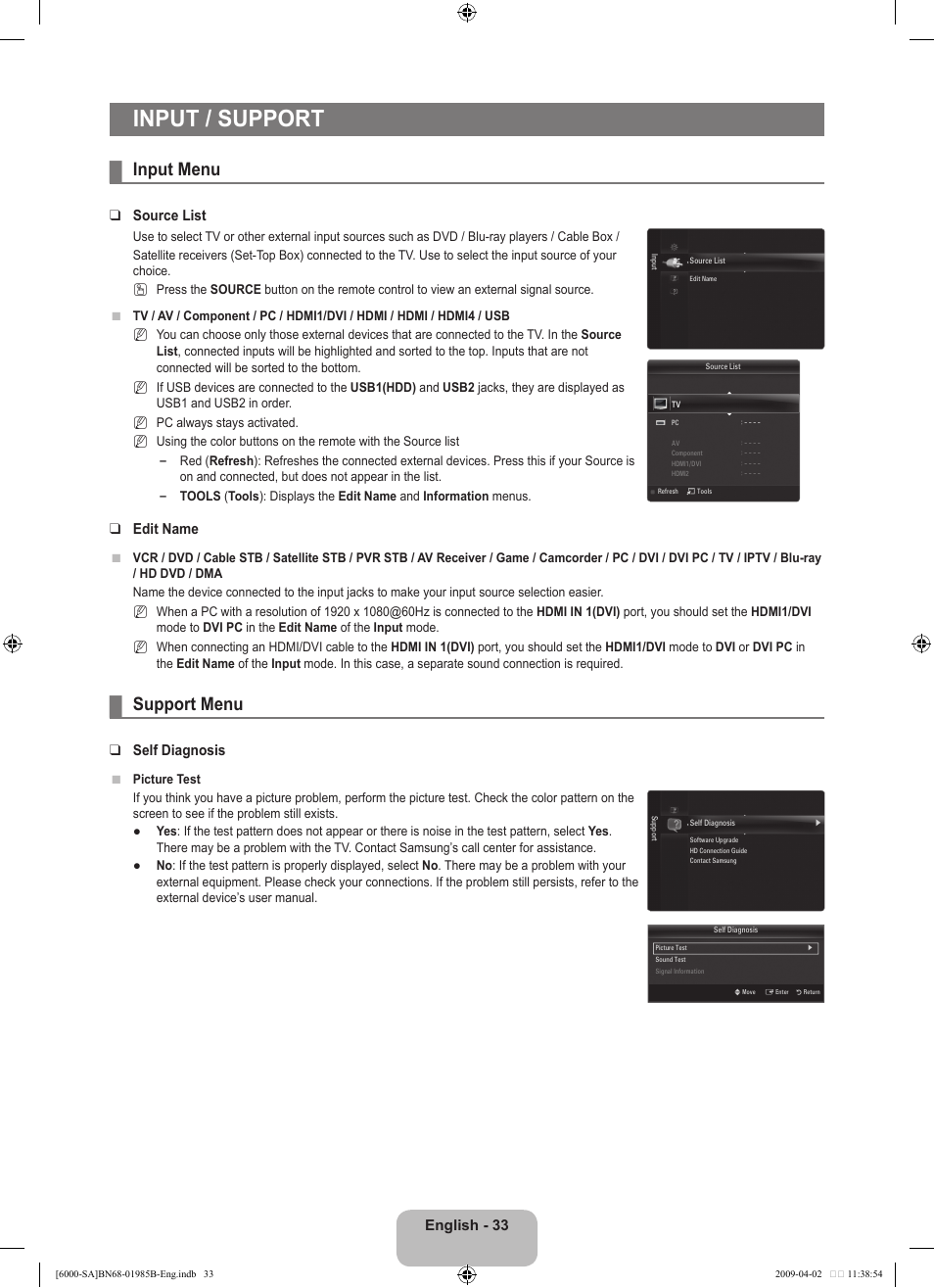 Input / support, Input menu, Support menu | English, Source list, Edit name, Self diagnosis | Samsung UN40B6000VFUZA User Manual | Page 35 / 153