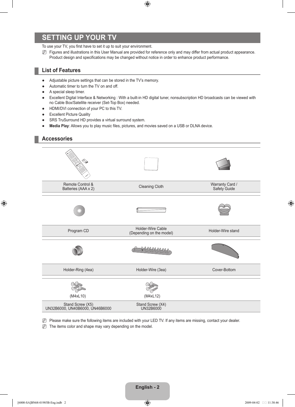 Setting up your tv, List of features, Accessories | Samsung UN40B6000VFUZA User Manual | Page 4 / 153