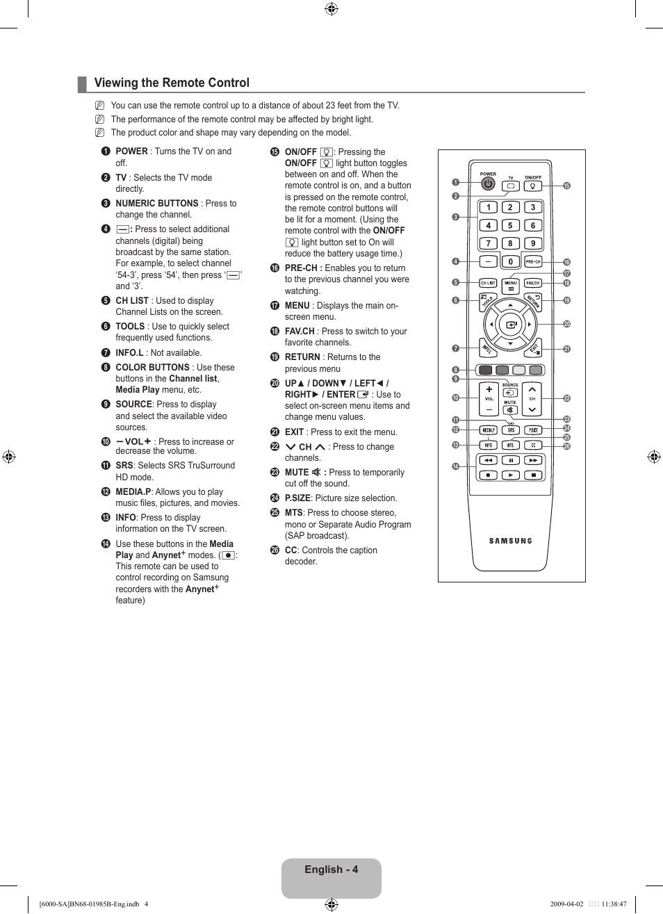 Viewing the remote control | Samsung UN40B6000VFUZA User Manual | Page 6 / 153