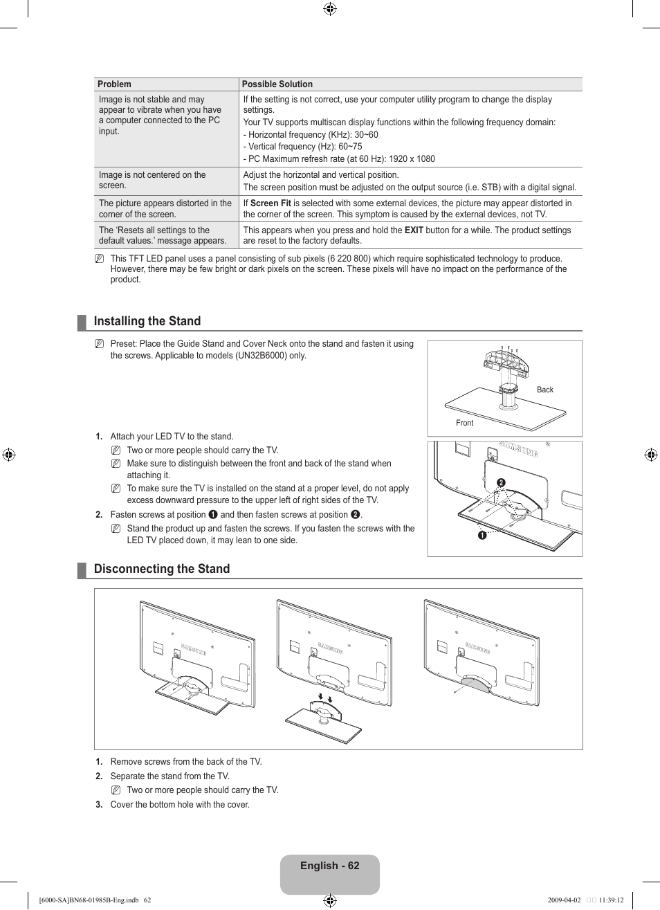 Installing the stand, Disconnecting the stand | Samsung UN40B6000VFUZA User Manual | Page 64 / 153