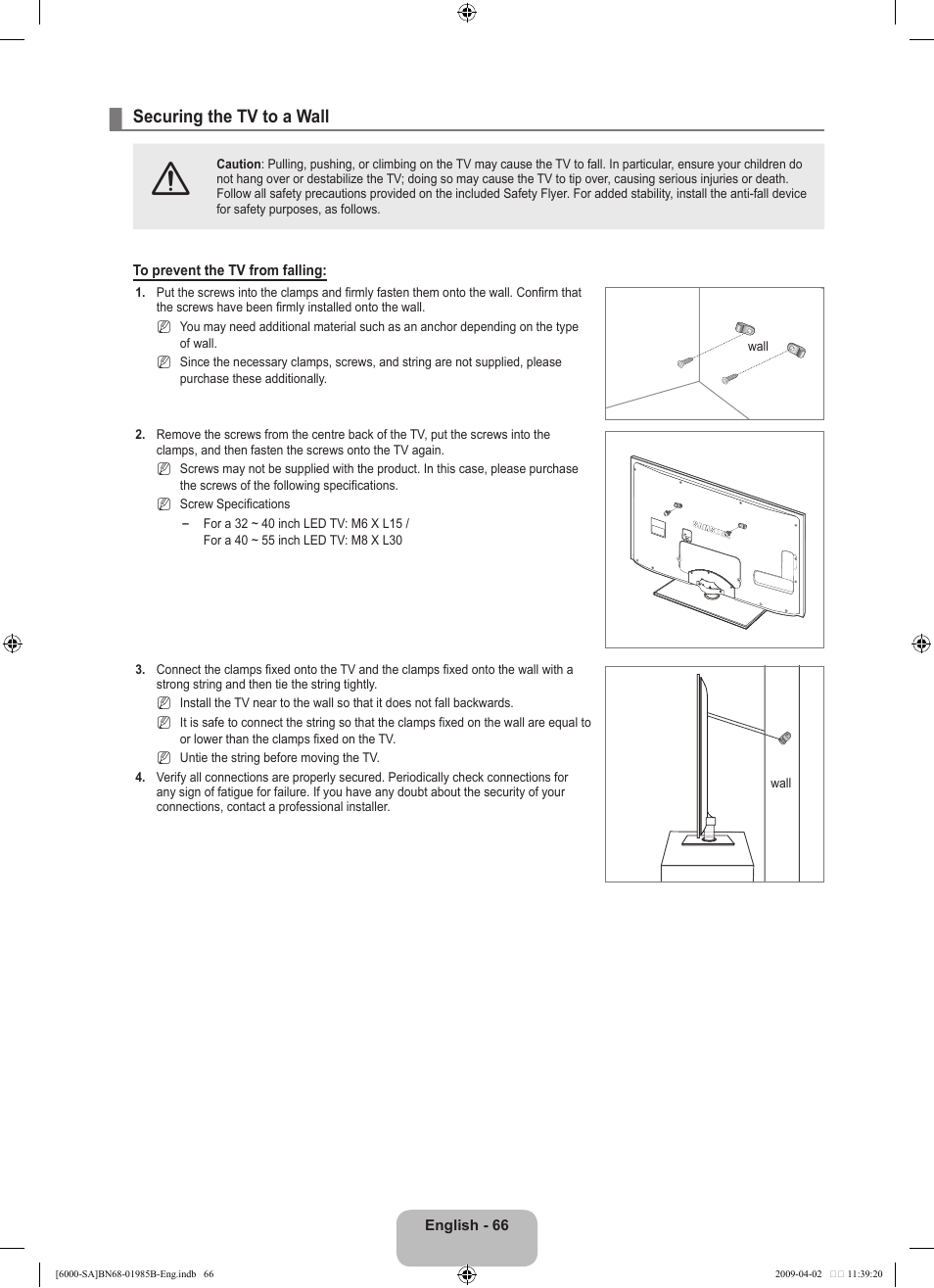 Securing the tv to a wall | Samsung UN40B6000VFUZA User Manual | Page 68 / 153