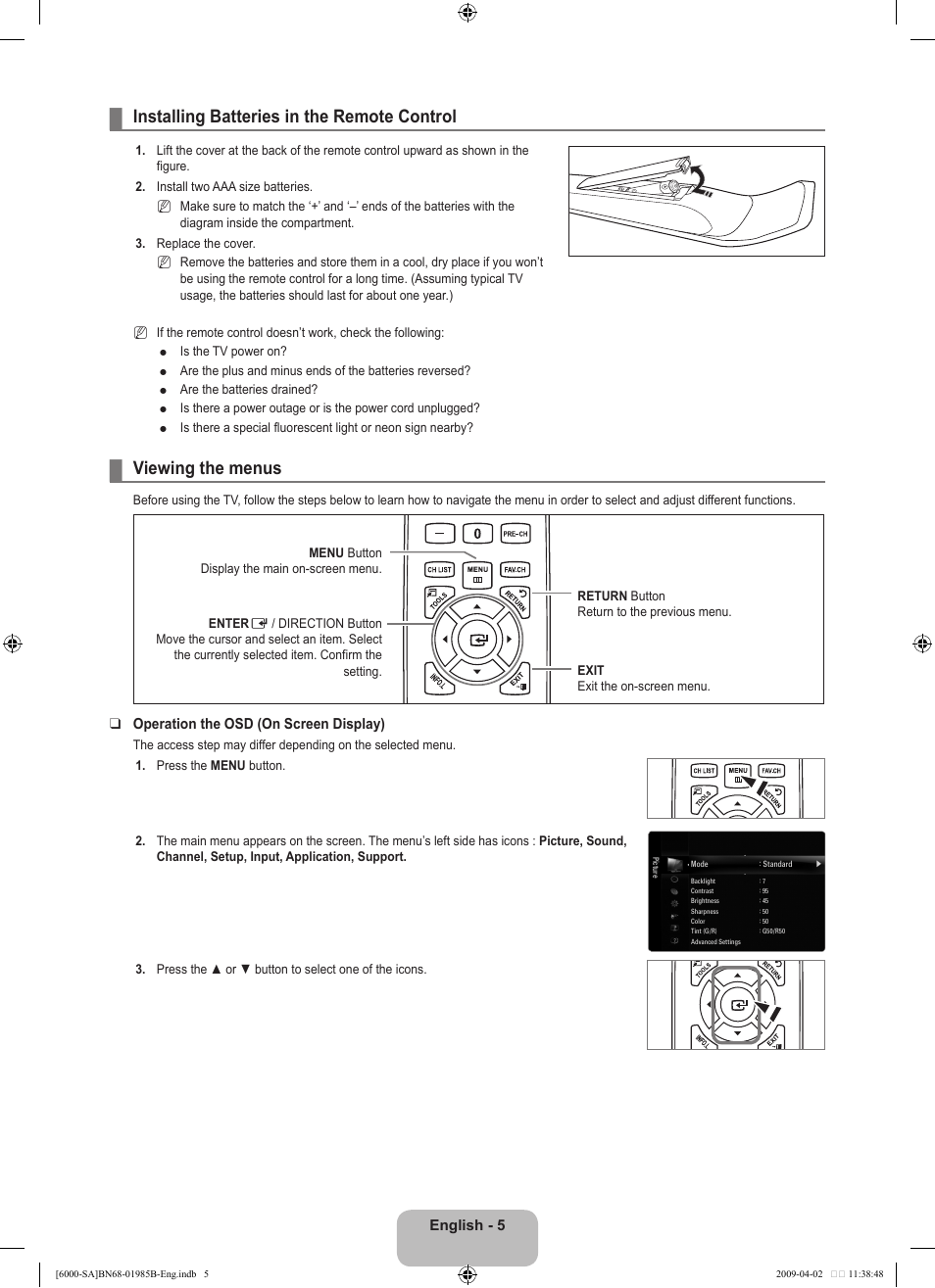 Installing batteries in the remote control, Viewing the menus | Samsung UN40B6000VFUZA User Manual | Page 7 / 153