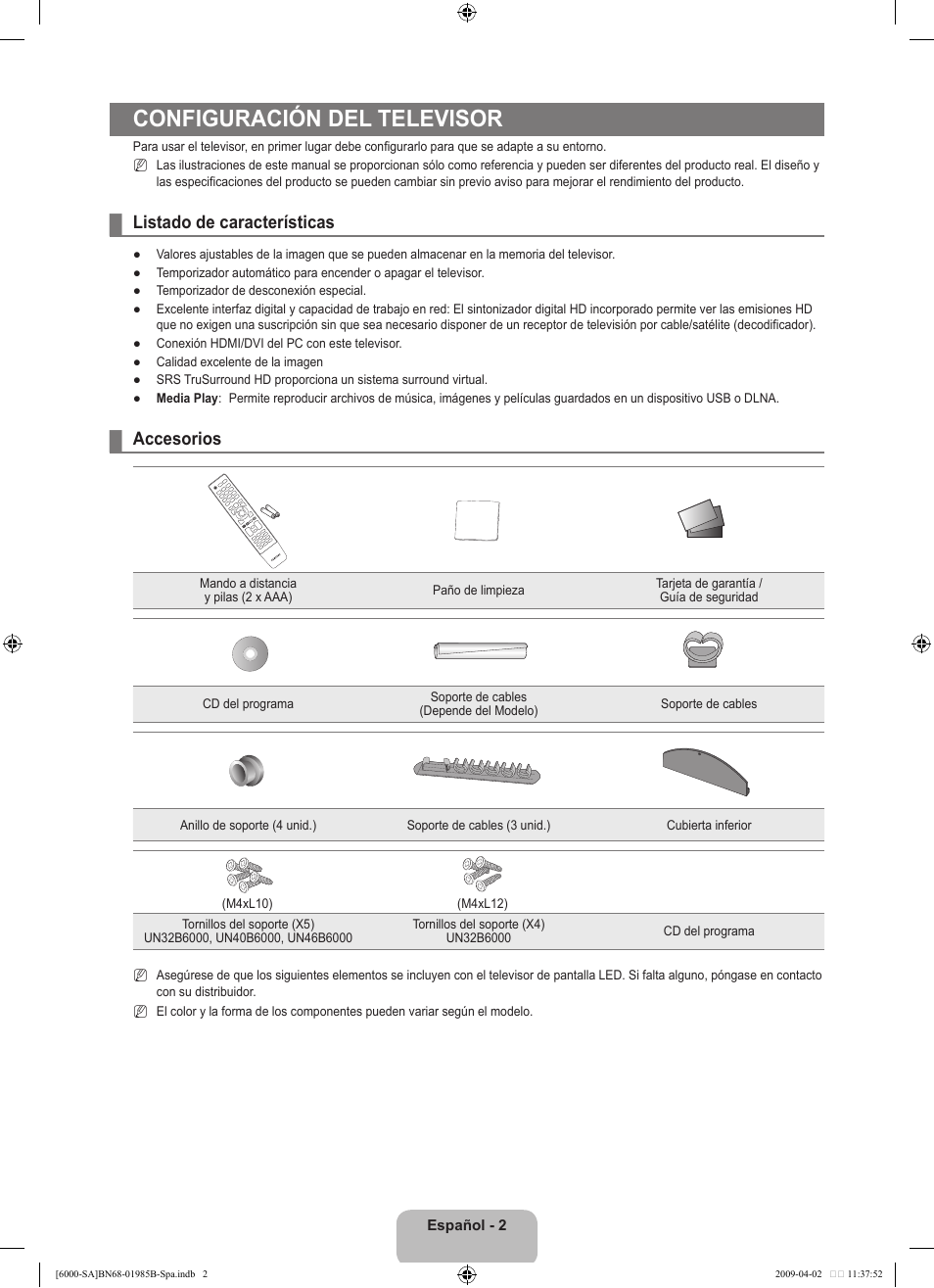 Configuración del televisor, Listado de características, Accesorios | Samsung UN40B6000VFUZA User Manual | Page 86 / 153