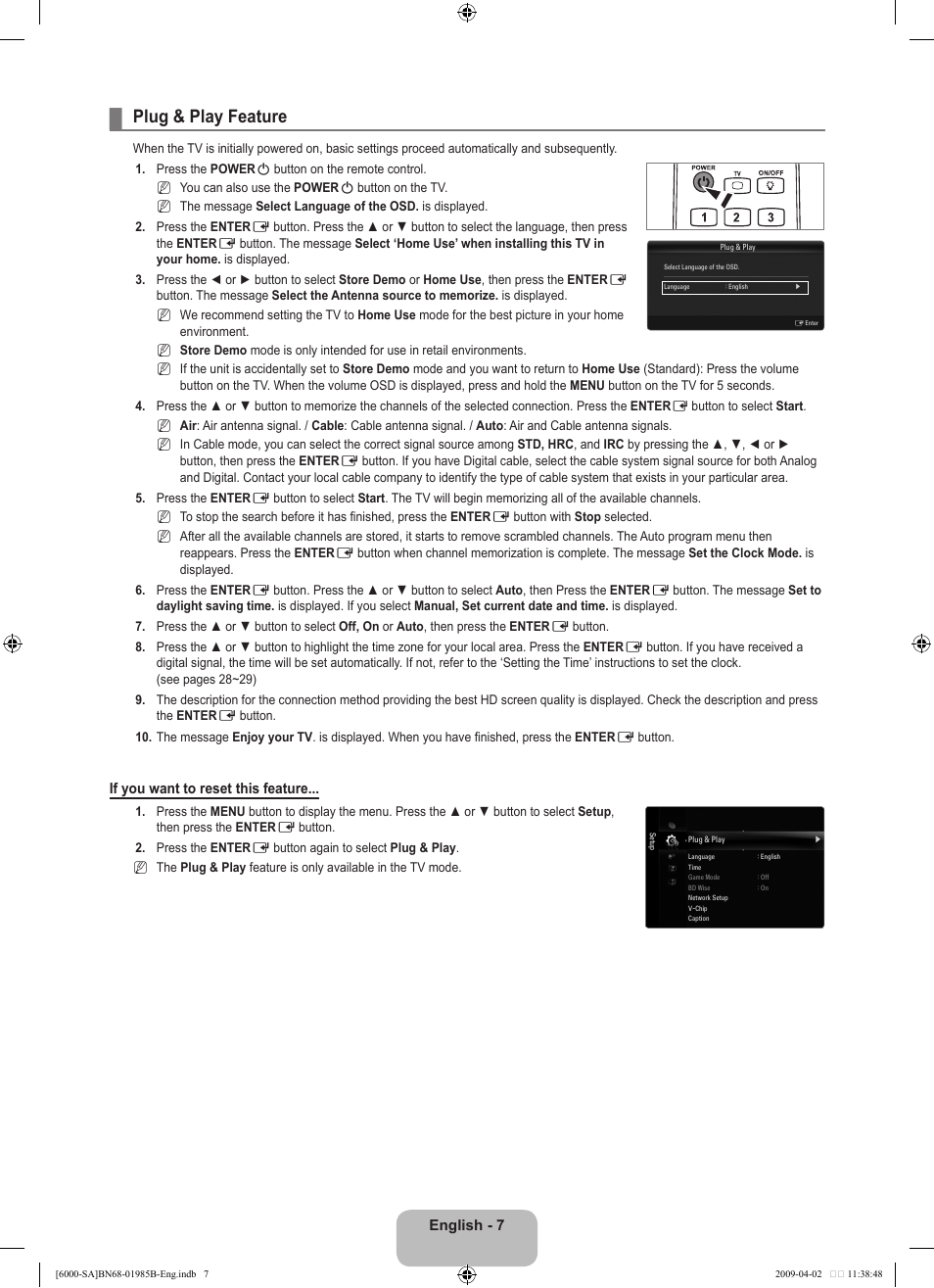 Plug & play feature | Samsung UN40B6000VFUZA User Manual | Page 9 / 153