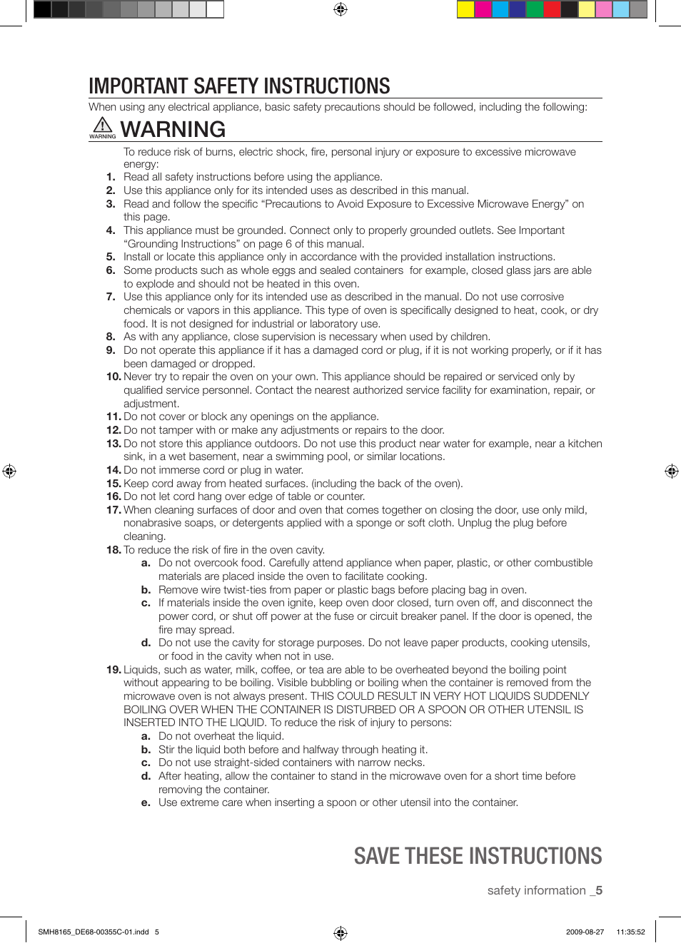 Save these instructions, Important safety instructions, Warning | Samsung SMH8165ST-XAA User Manual | Page 5 / 44