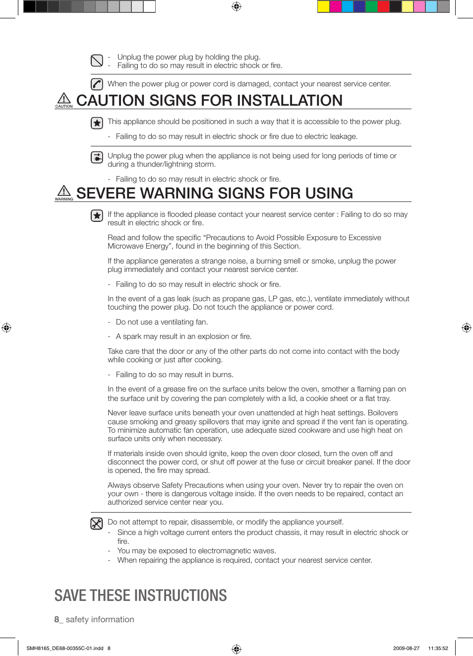 Save these instructions, Caution signs for installation, Severe warning signs for using | Samsung SMH8165ST-XAA User Manual | Page 8 / 44