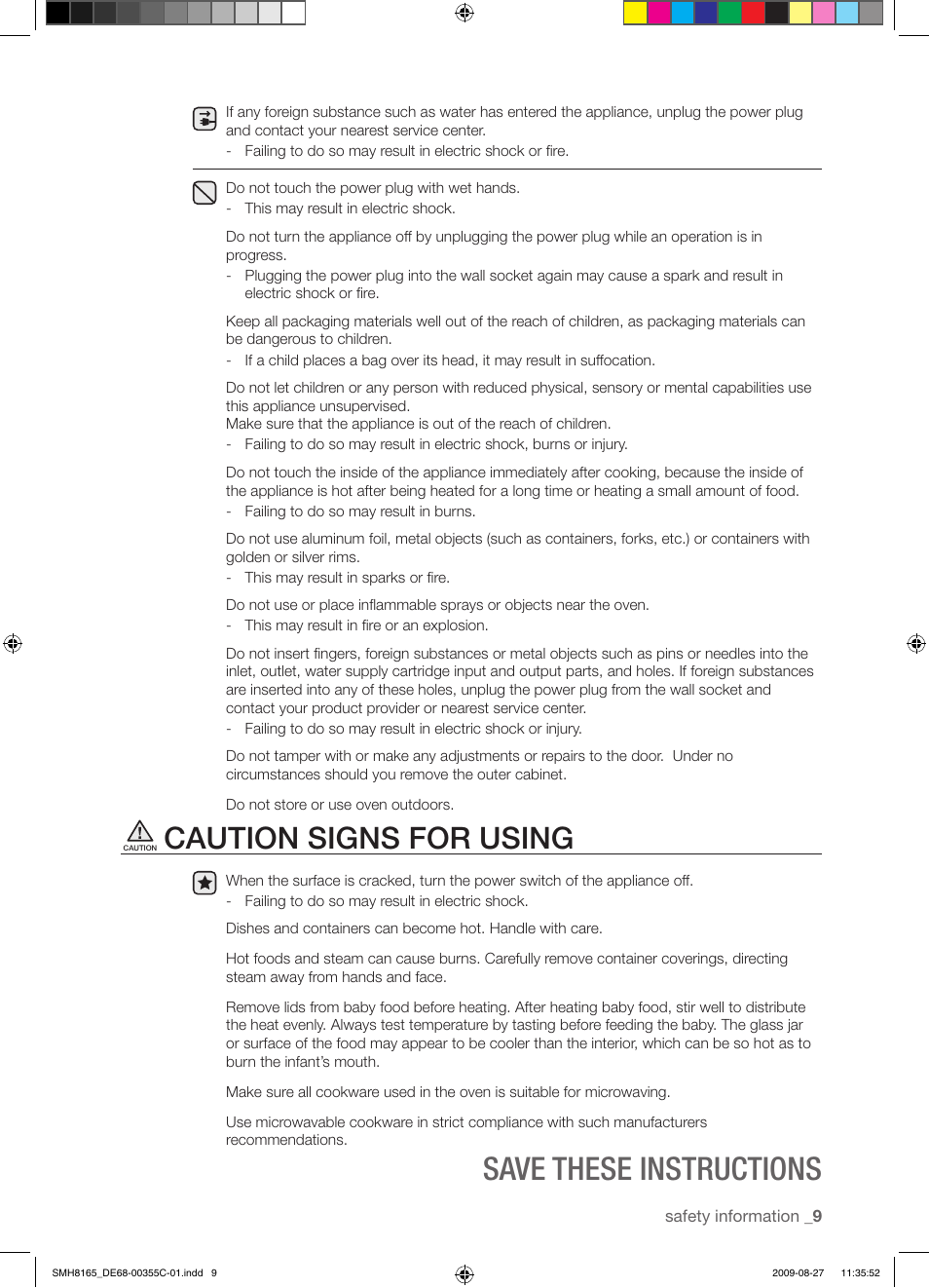 Save these instructions, Caution signs for using | Samsung SMH8165ST-XAA User Manual | Page 9 / 44