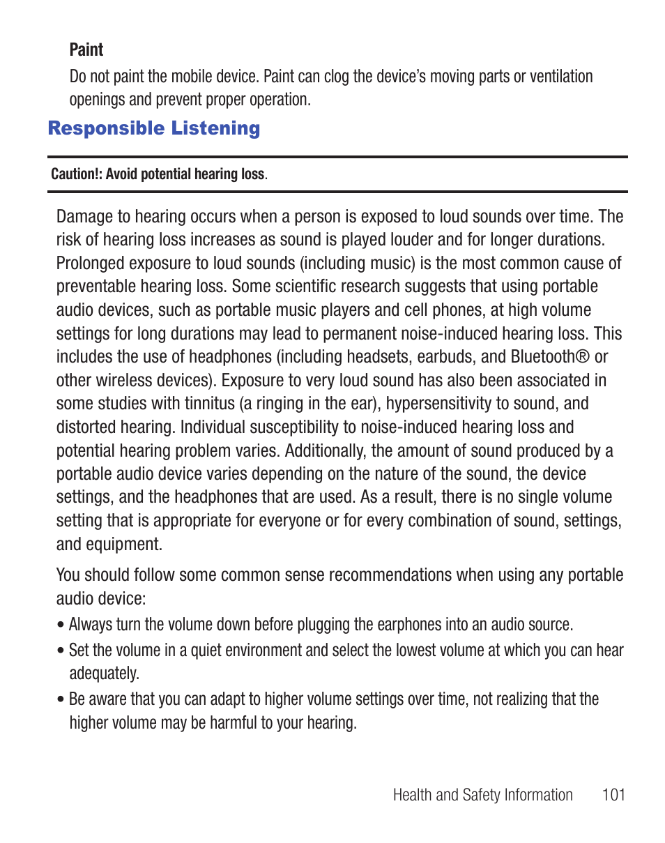 Responsible listening | Samsung SCH-R455ZKATFN User Manual | Page 105 / 113