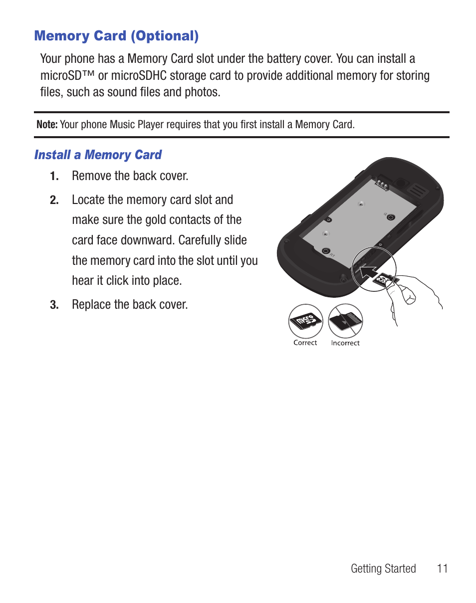 Memory card (optional) | Samsung SCH-R455ZKATFN User Manual | Page 15 / 113