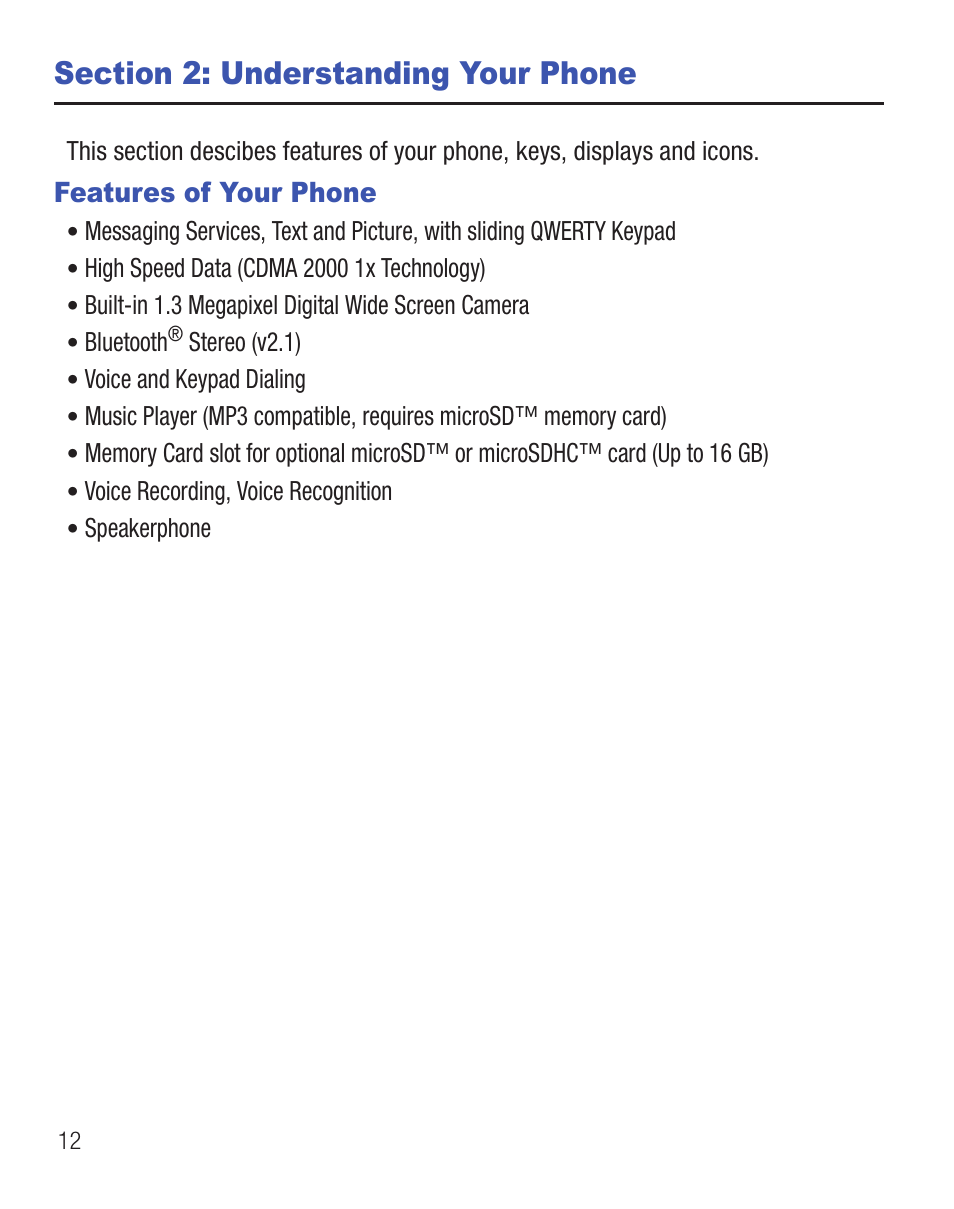Section 2: understanding your phone, Features of your phone | Samsung SCH-R455ZKATFN User Manual | Page 16 / 113