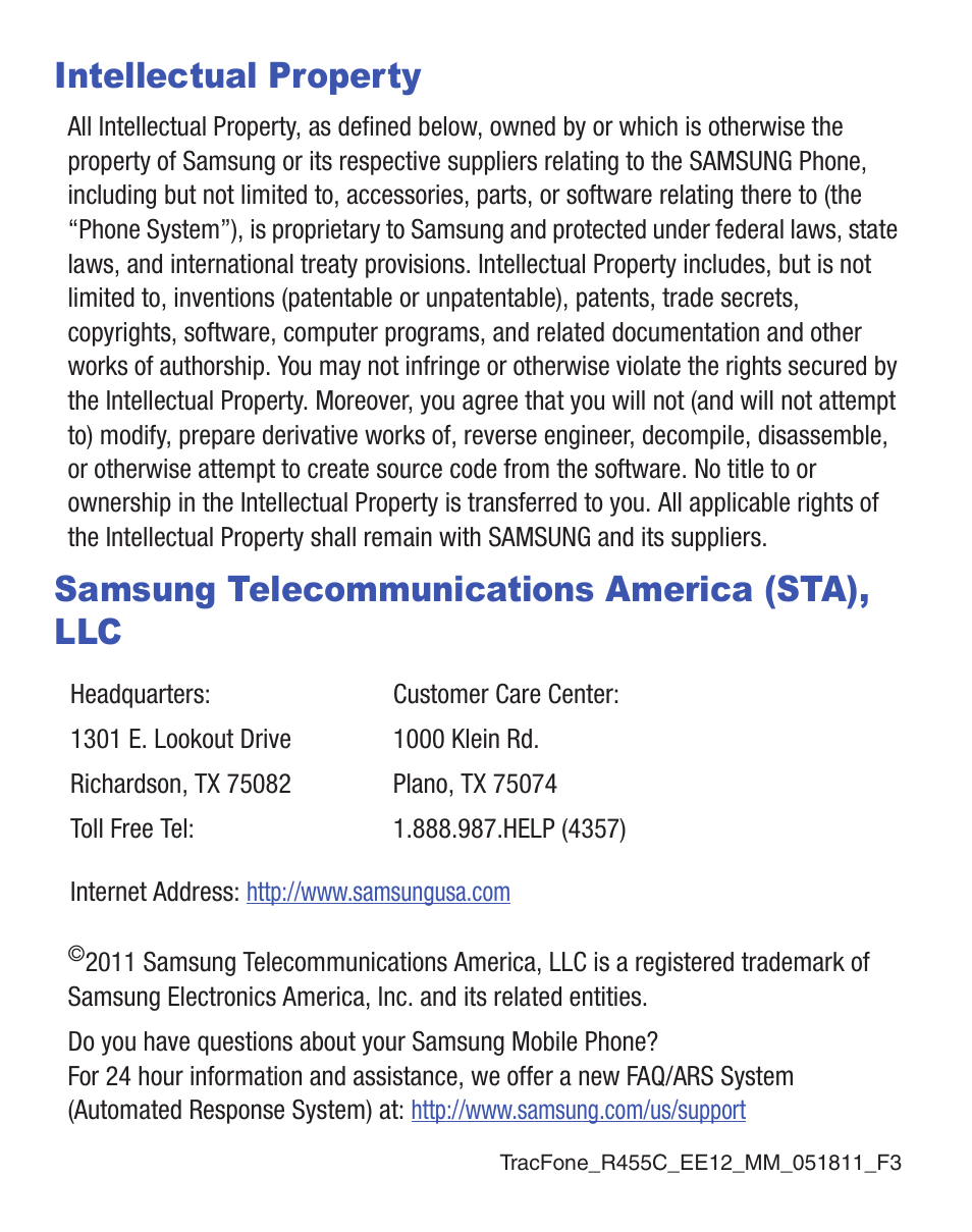 Intellectual property, Samsung telecommunications america (sta), llc | Samsung SCH-R455ZKATFN User Manual | Page 2 / 113