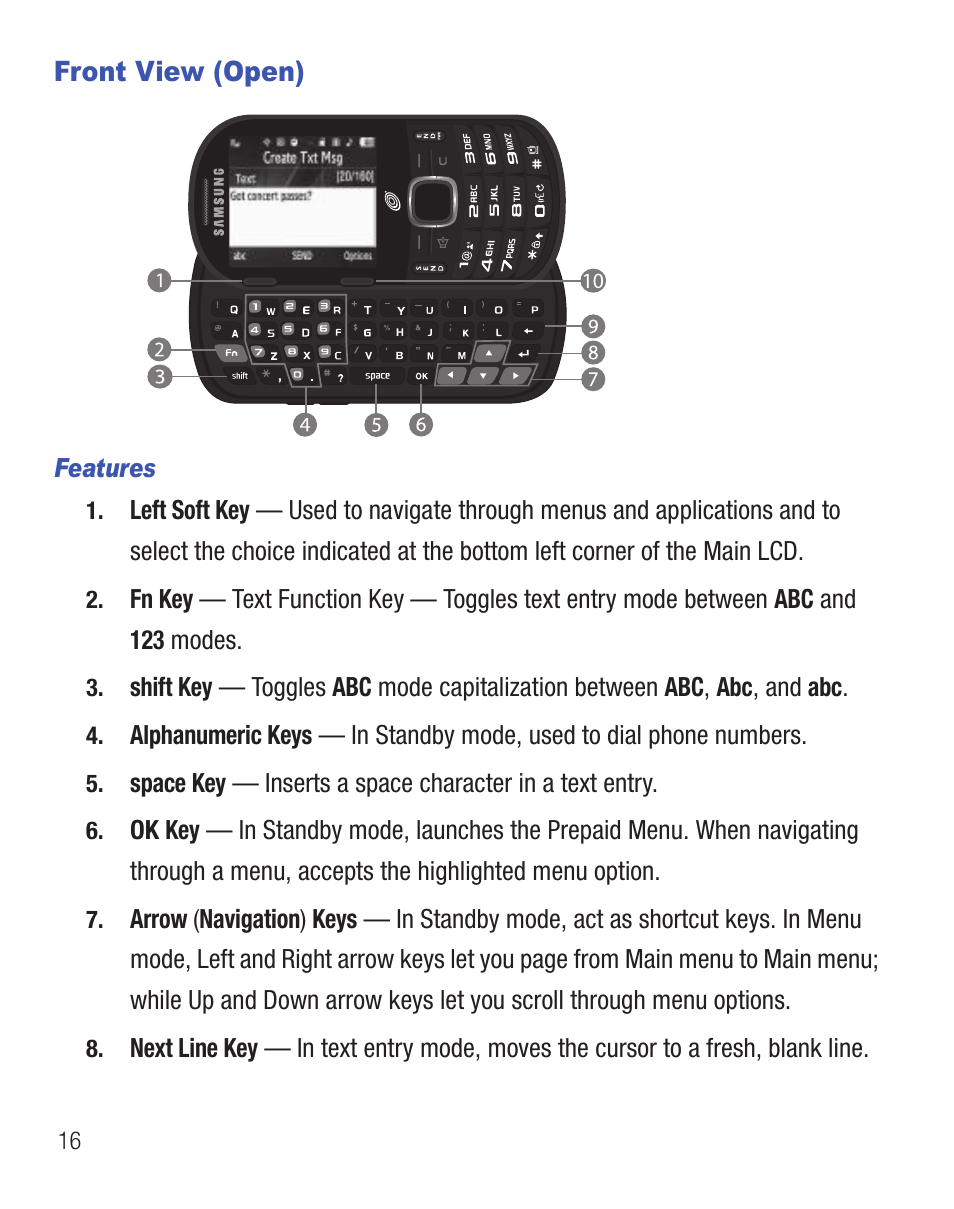 Front view (open) | Samsung SCH-R455ZKATFN User Manual | Page 20 / 113