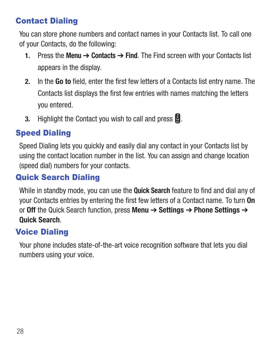 Contact dialing, Speed dialing, Quick search dialing | Voice dialing | Samsung SCH-R455ZKATFN User Manual | Page 32 / 113