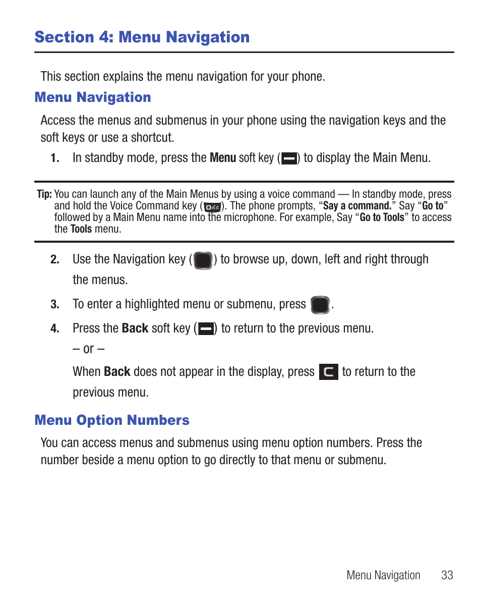 Section 4: menu navigation, Menu navigation, Menu option numbers | Menu navigation menu option numbers | Samsung SCH-R455ZKATFN User Manual | Page 37 / 113