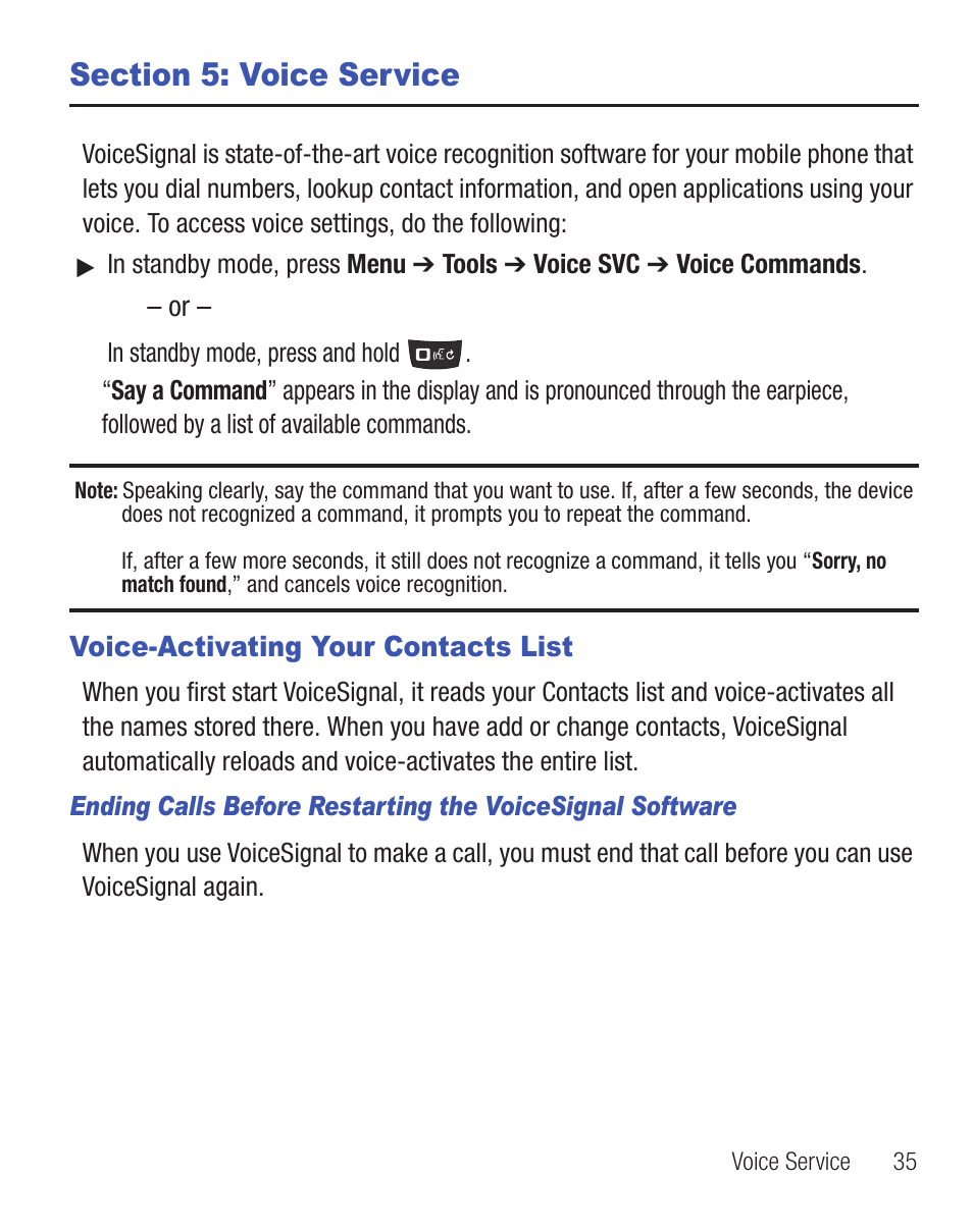 Section 5: voice service, Voice-activating your contacts list | Samsung SCH-R455ZKATFN User Manual | Page 39 / 113