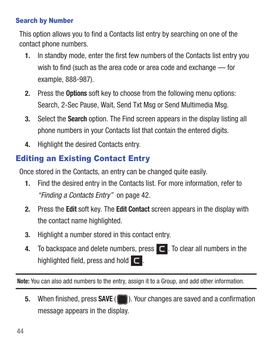 Editing an existing contact entry | Samsung SCH-R455ZKATFN User Manual | Page 48 / 113