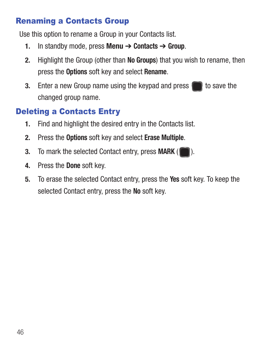 Renaming a contacts group, Deleting a contacts entry | Samsung SCH-R455ZKATFN User Manual | Page 50 / 113
