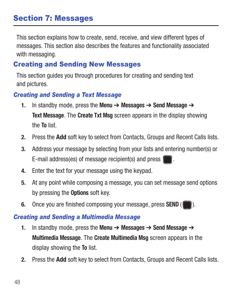 Section 7: messages, Creating and sending new messages | Samsung SCH-R455ZKATFN User Manual | Page 52 / 113