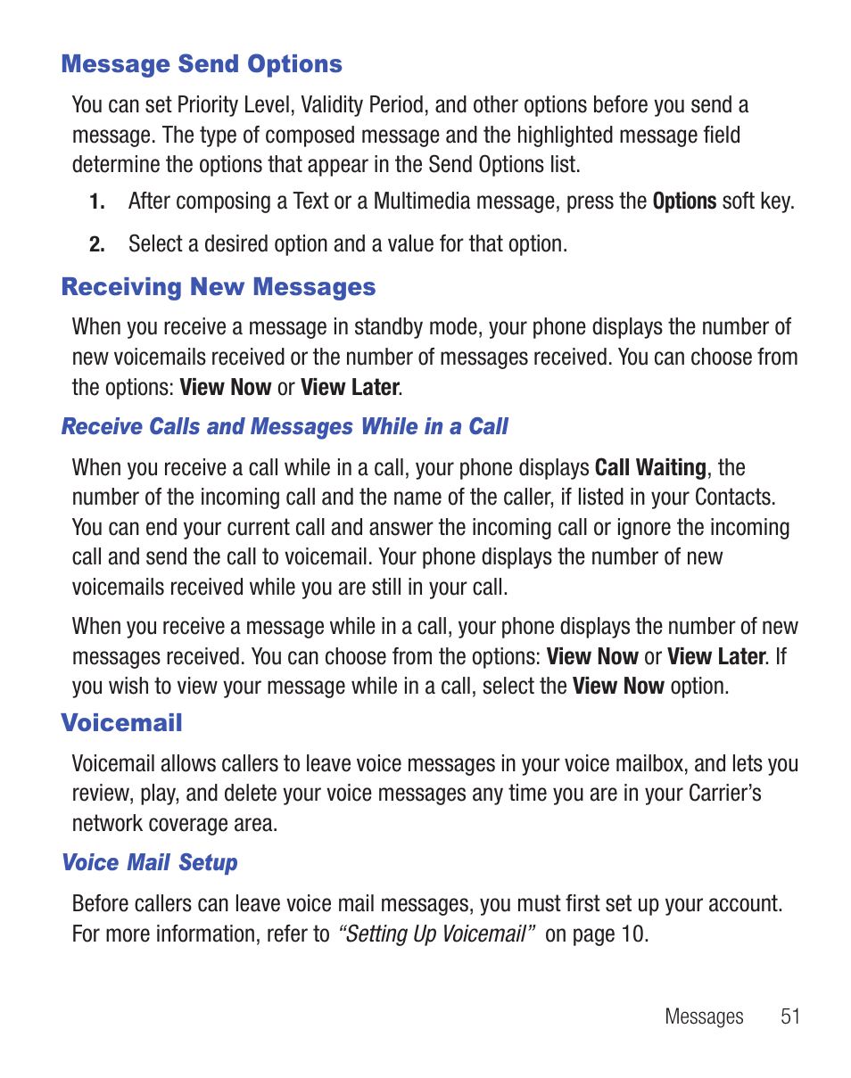 Message send options, Receiving new messages, Voicemail | For more | Samsung SCH-R455ZKATFN User Manual | Page 55 / 113