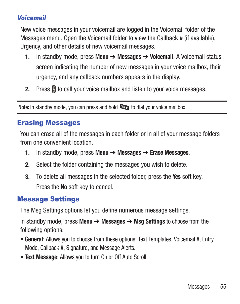 Erasing messages, Message settings, Erasing messages message settings | Samsung SCH-R455ZKATFN User Manual | Page 59 / 113