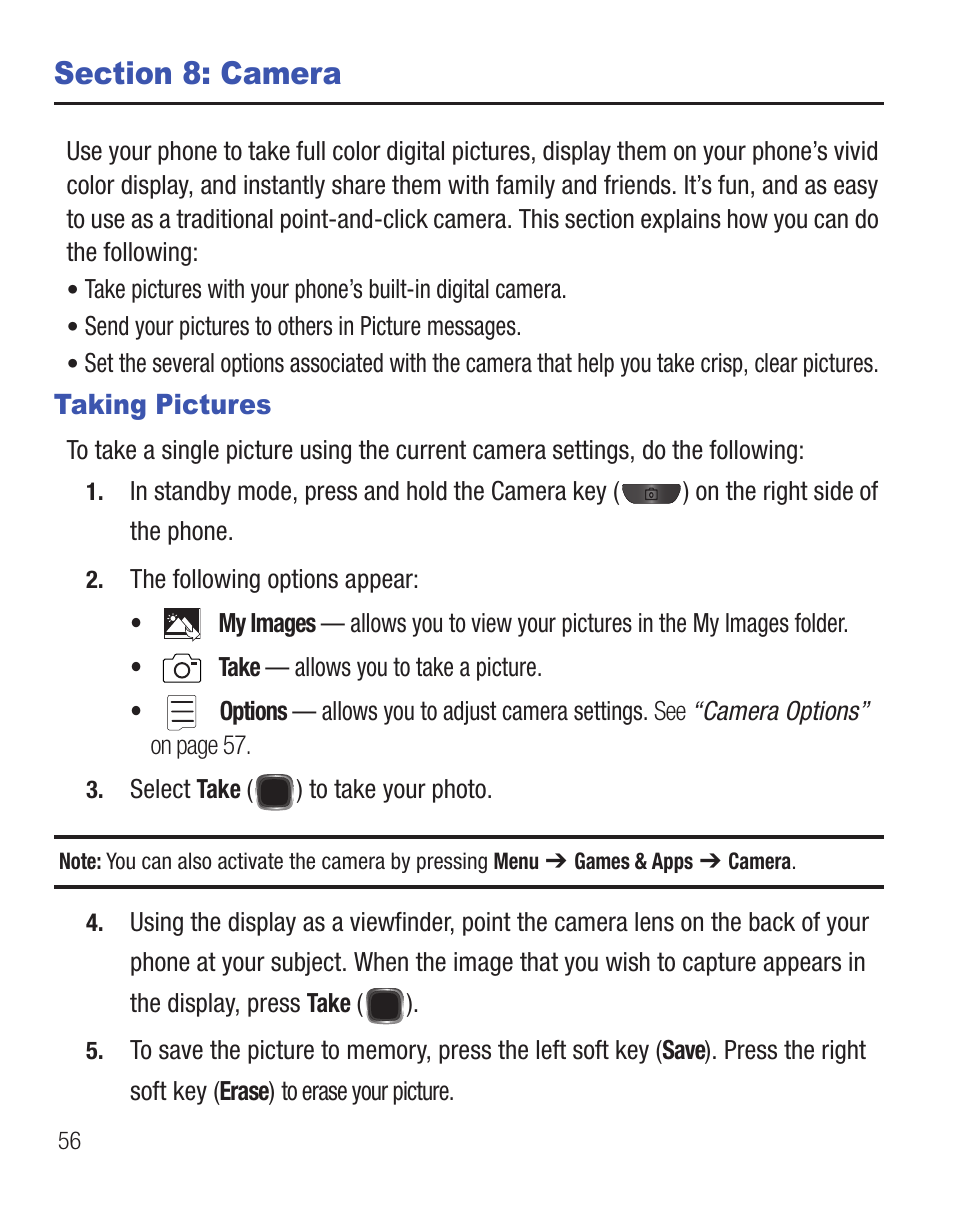 Section 8: camera, Taking pictures | Samsung SCH-R455ZKATFN User Manual | Page 60 / 113