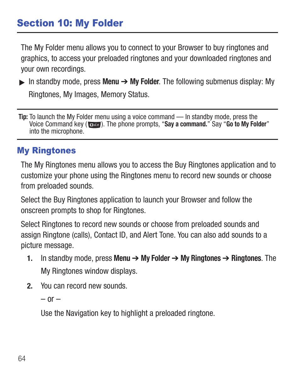 Section 10: my folder, My ringtones | Samsung SCH-R455ZKATFN User Manual | Page 68 / 113
