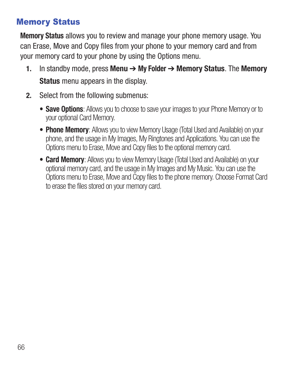 Memory status | Samsung SCH-R455ZKATFN User Manual | Page 70 / 113