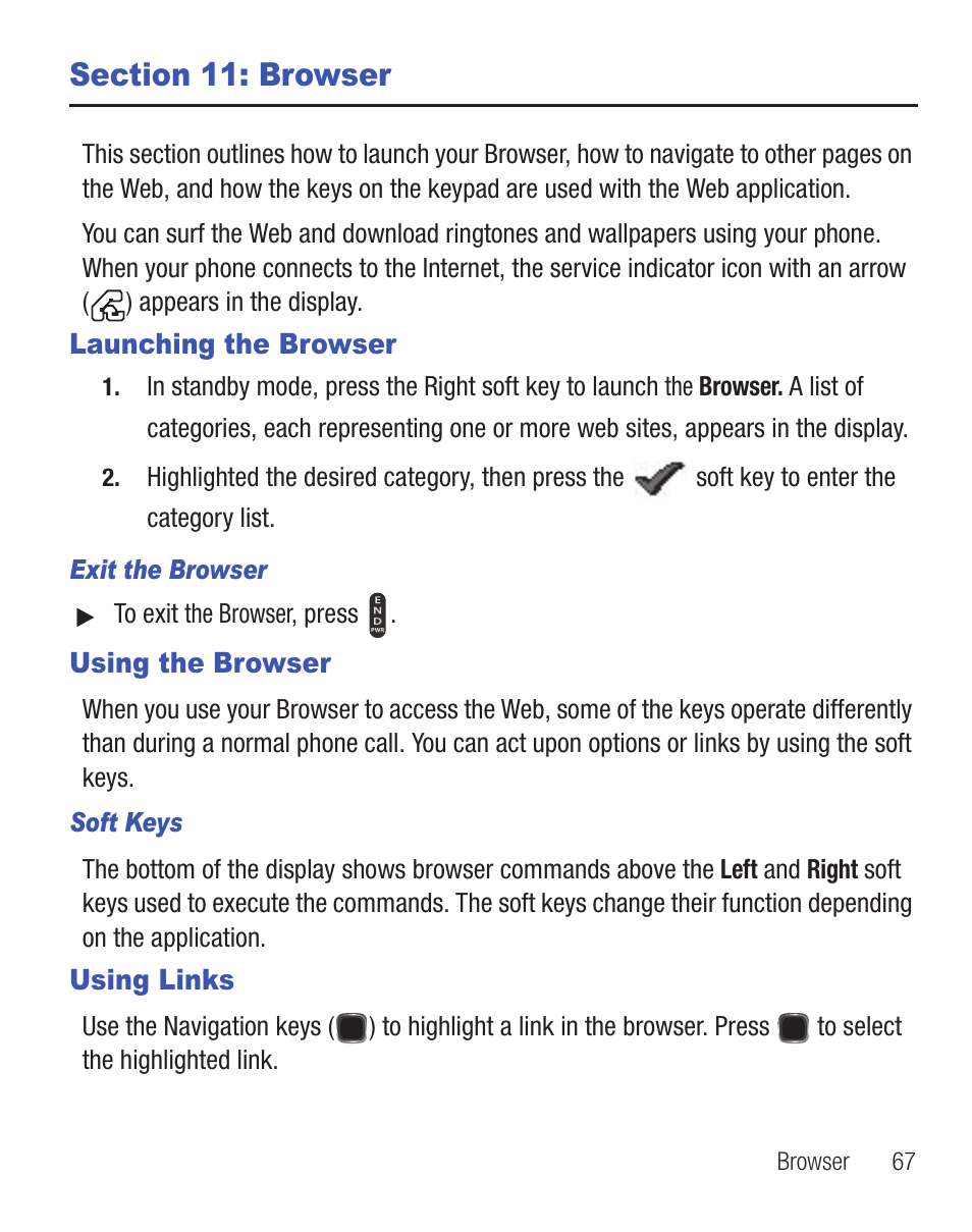 Section 11: browser, Launching the browser, Using the browser | Using links | Samsung SCH-R455ZKATFN User Manual | Page 71 / 113