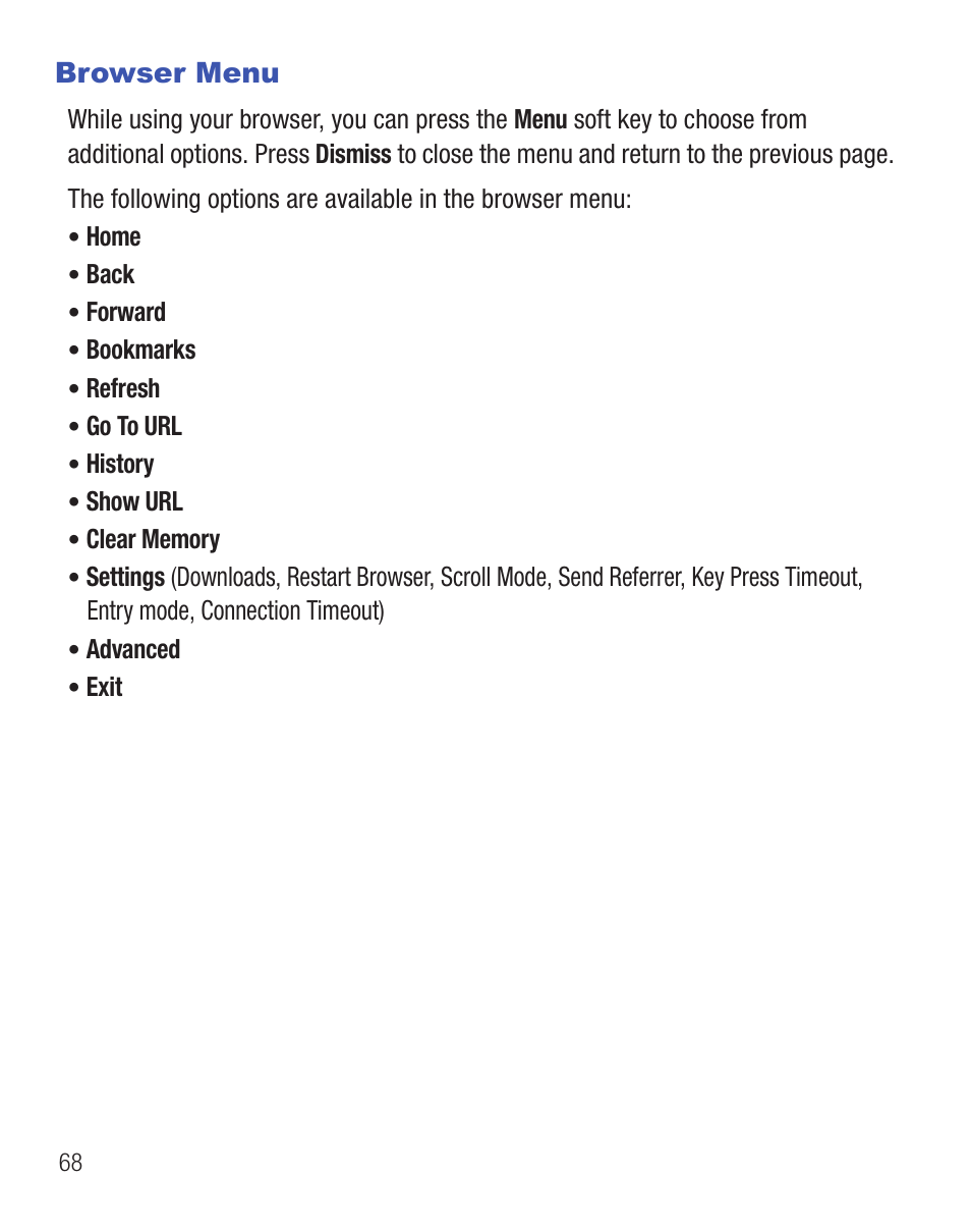 Browser menu | Samsung SCH-R455ZKATFN User Manual | Page 72 / 113