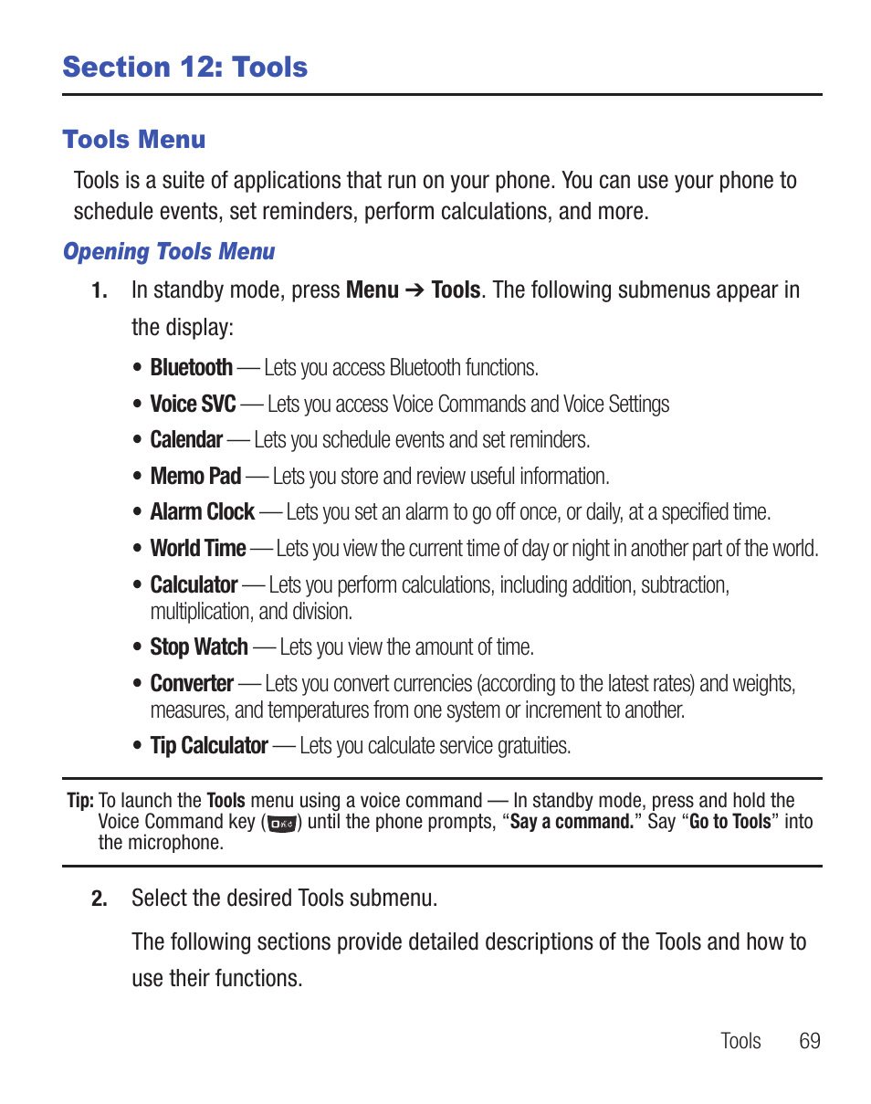 Section 12: tools, Tools menu | Samsung SCH-R455ZKATFN User Manual | Page 73 / 113