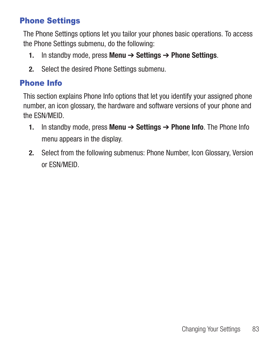Phone settings, Phone info, Phone settings phone info | Samsung SCH-R455ZKATFN User Manual | Page 87 / 113