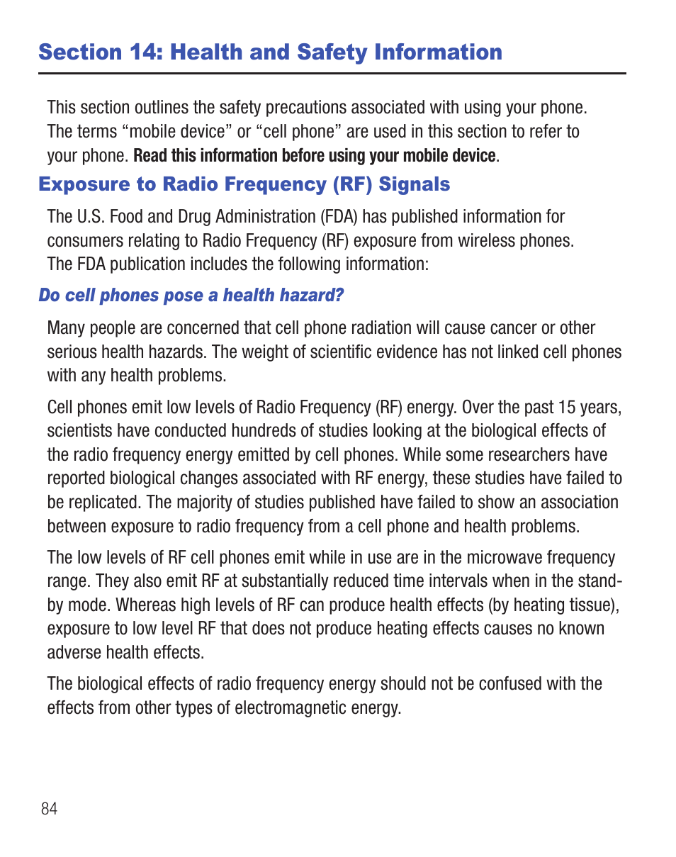 Section 14: health and safety information, Exposure to radio frequency (rf) signals | Samsung SCH-R455ZKATFN User Manual | Page 88 / 113