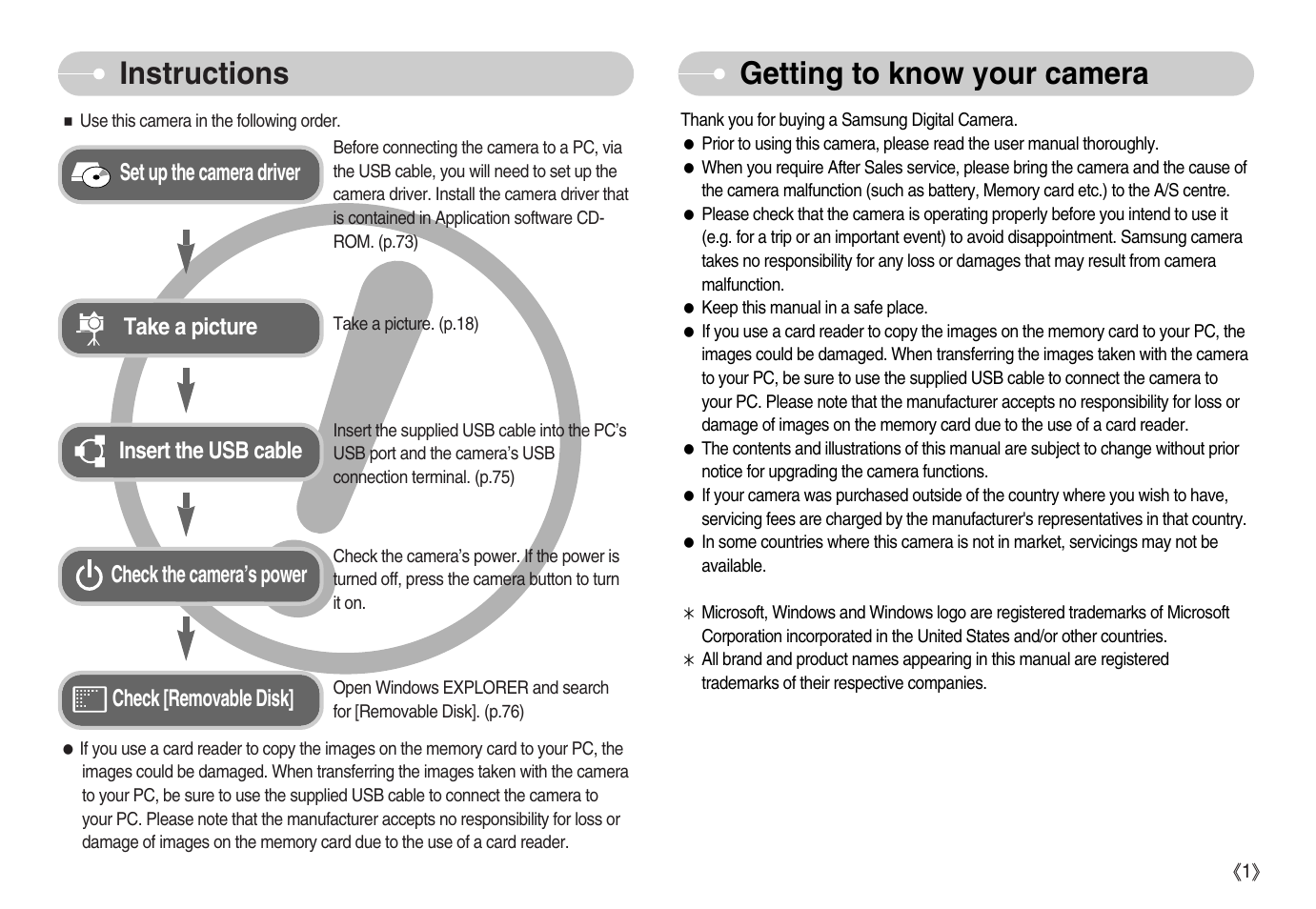 Instructions getting to know your camera | Samsung EC-NV11ZBBA-US User Manual | Page 2 / 90