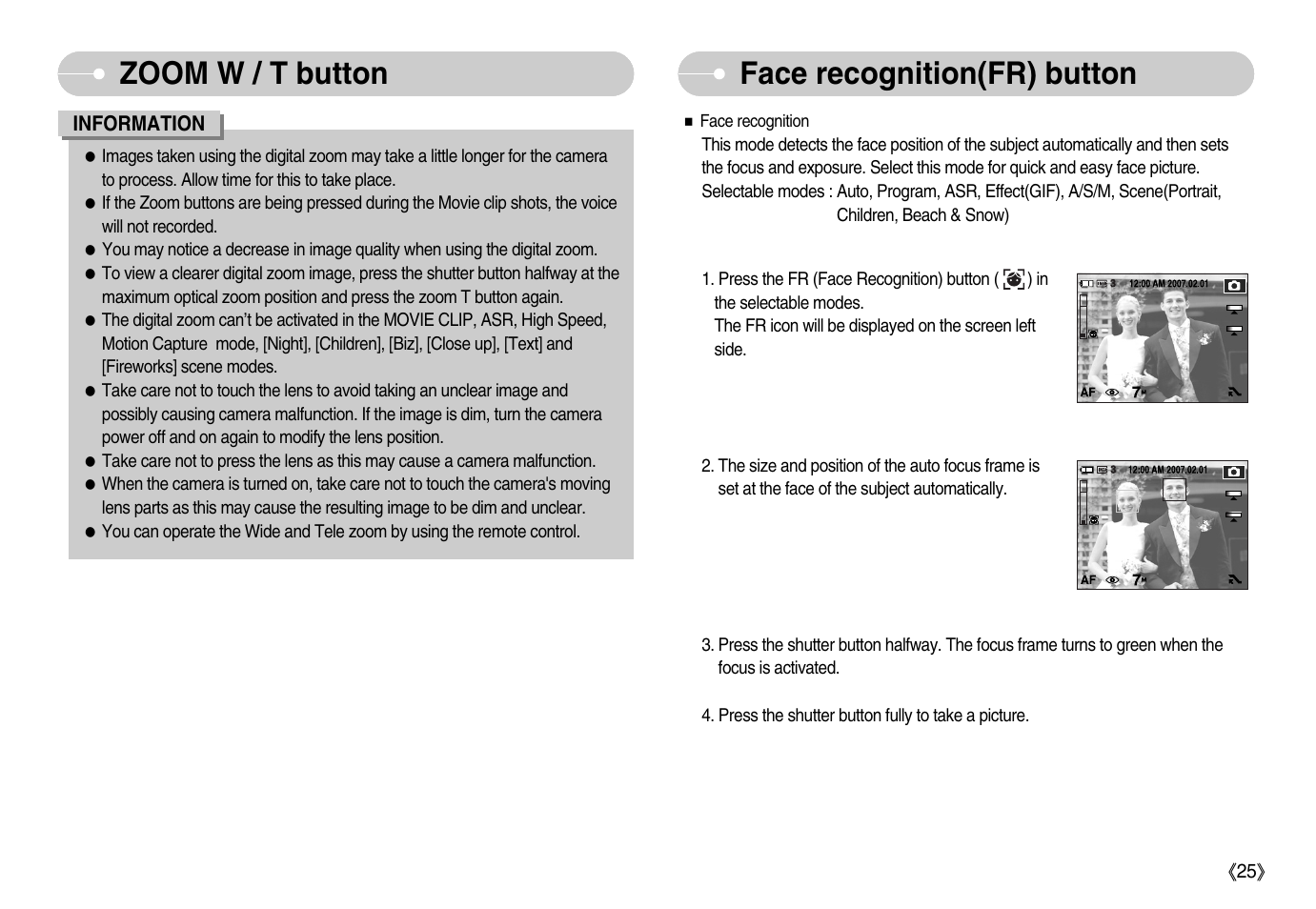 Face recognition(fr) button zoom w / t button | Samsung EC-NV11ZBBA-US User Manual | Page 26 / 90