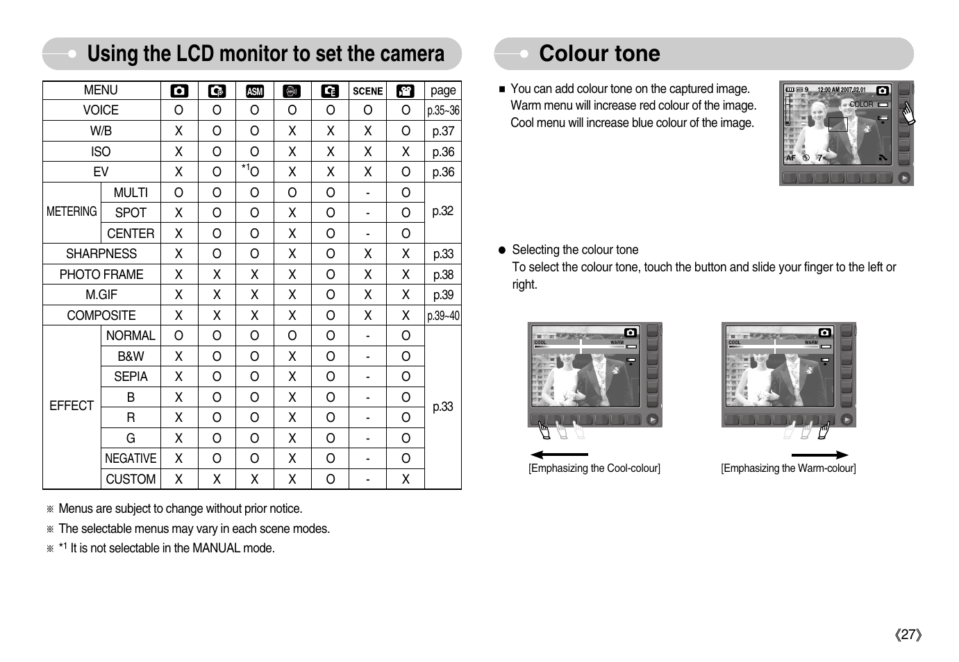 Colour tone, Using the lcd monitor to set the camera | Samsung EC-NV11ZBBA-US User Manual | Page 28 / 90