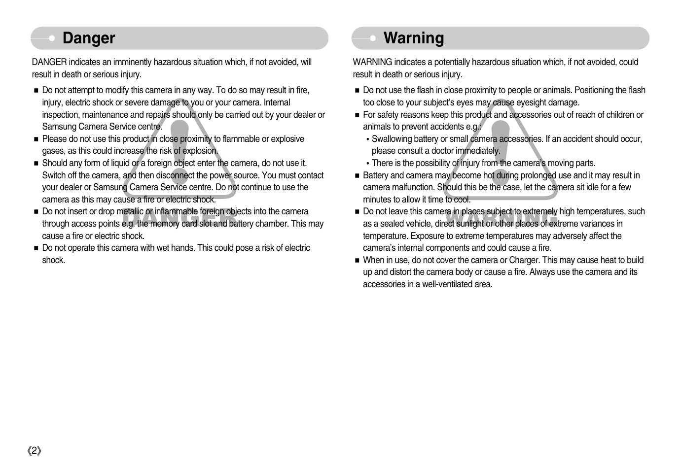 Danger warning | Samsung EC-NV11ZBBA-US User Manual | Page 3 / 90