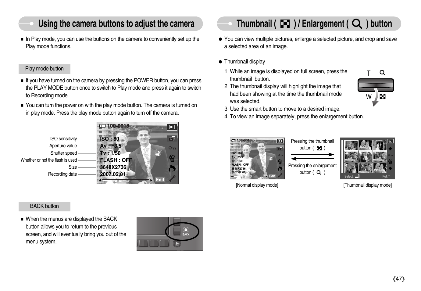 Thumbnail ( ) / enlargement ( ) button, Using the camera buttons to adjust the camera | Samsung EC-NV11ZBBA-US User Manual | Page 48 / 90