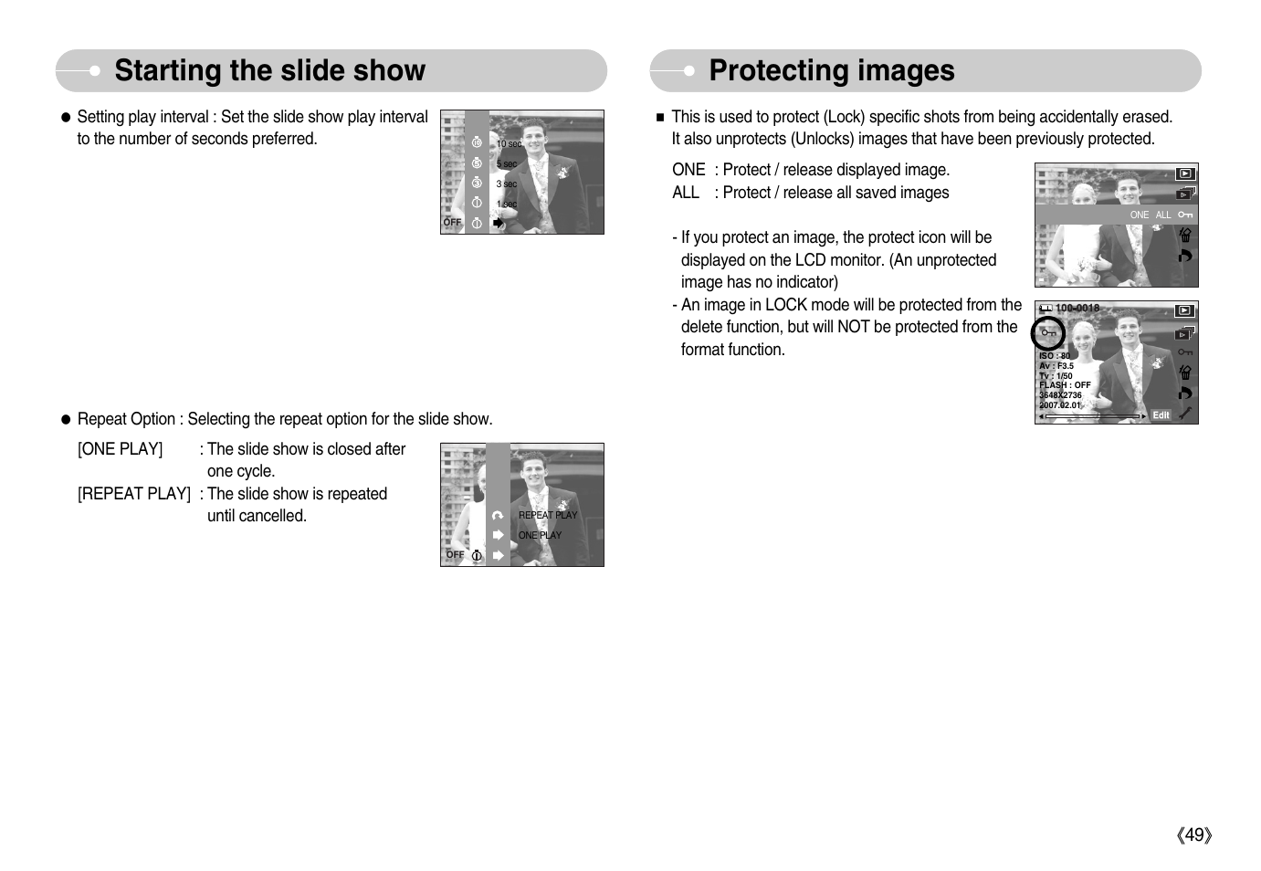 Starting the slide show, Protecting images | Samsung EC-NV11ZBBA-US User Manual | Page 50 / 90