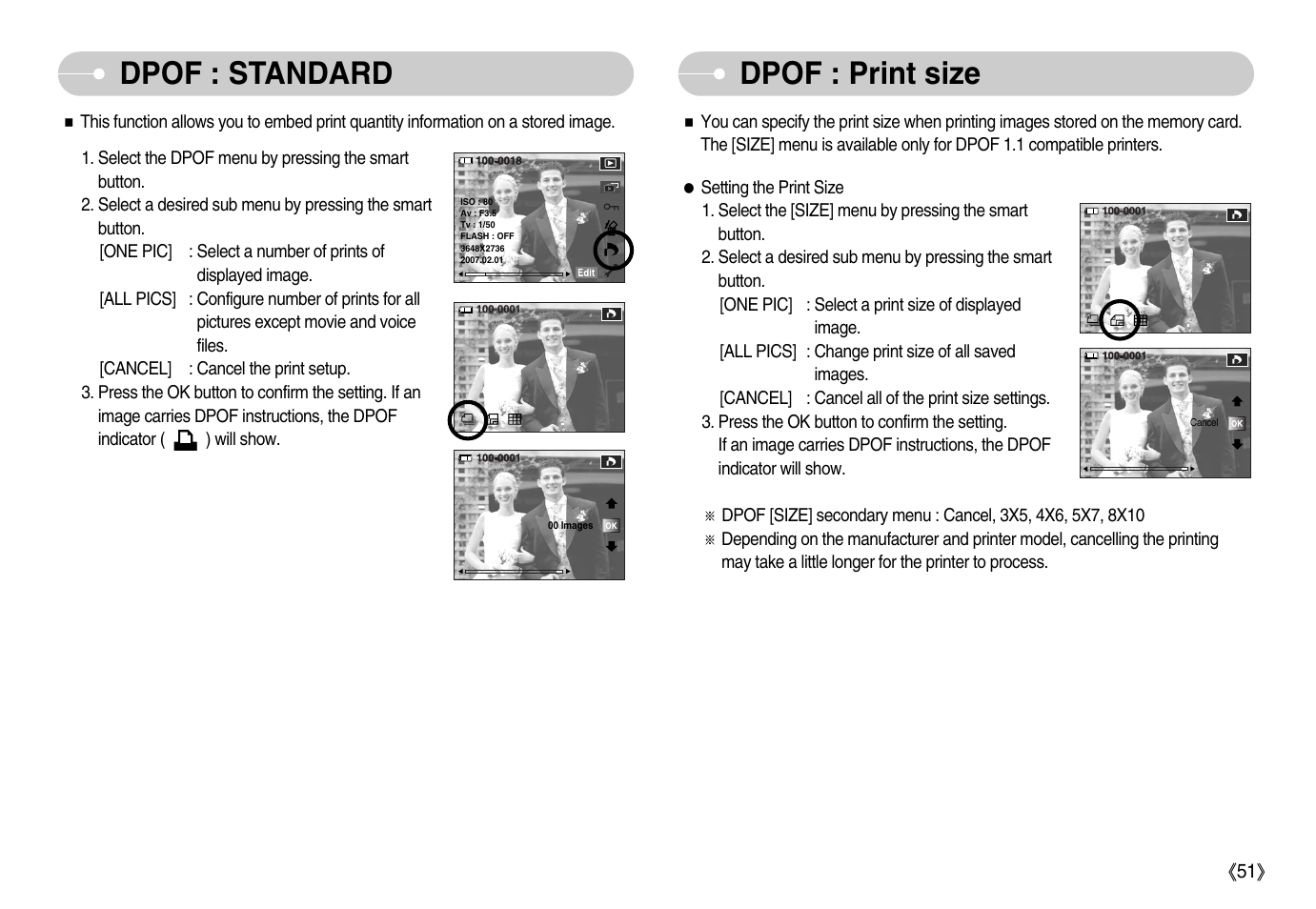 Dpof : standard dpof : print size | Samsung EC-NV11ZBBA-US User Manual | Page 52 / 90