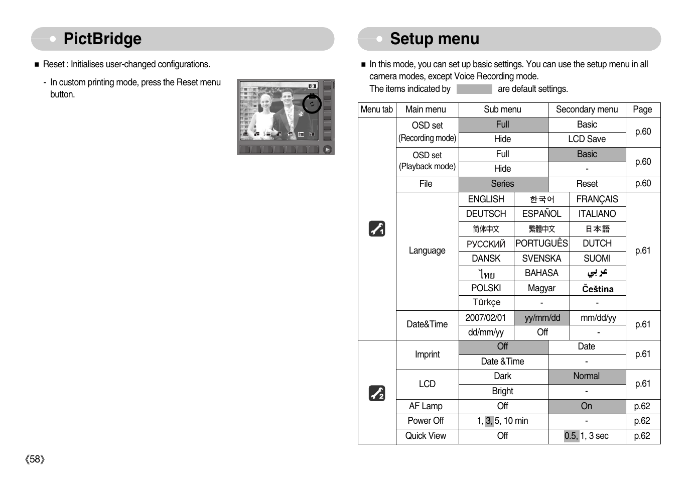 Pictbridge, Setup menu | Samsung EC-NV11ZBBA-US User Manual | Page 59 / 90