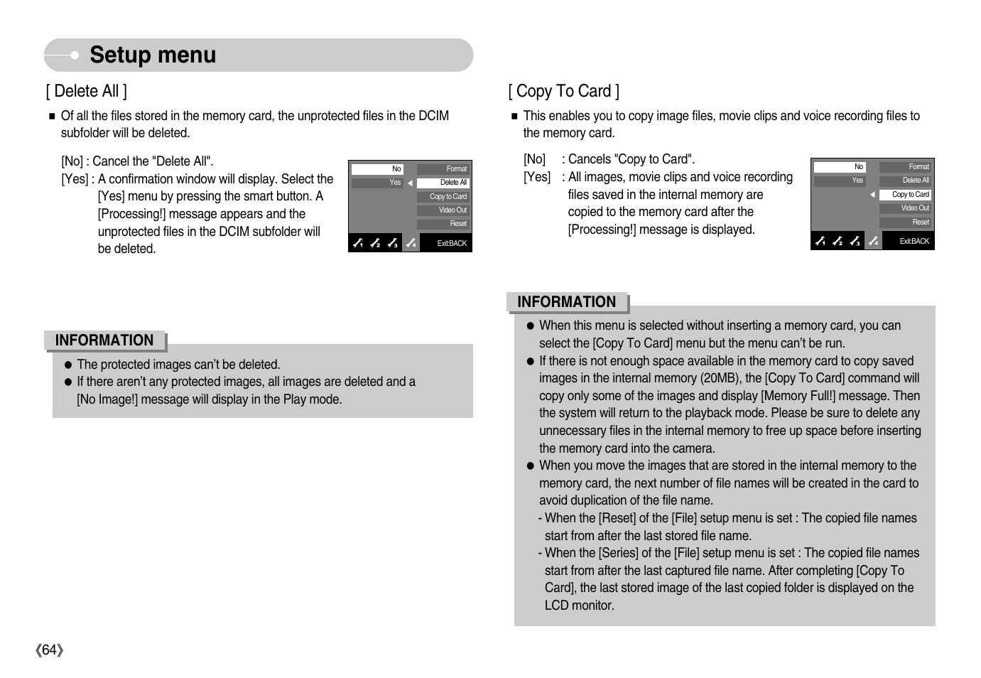 Setup menu, Copy to card, Delete all | Information | Samsung EC-NV11ZBBA-US User Manual | Page 65 / 90