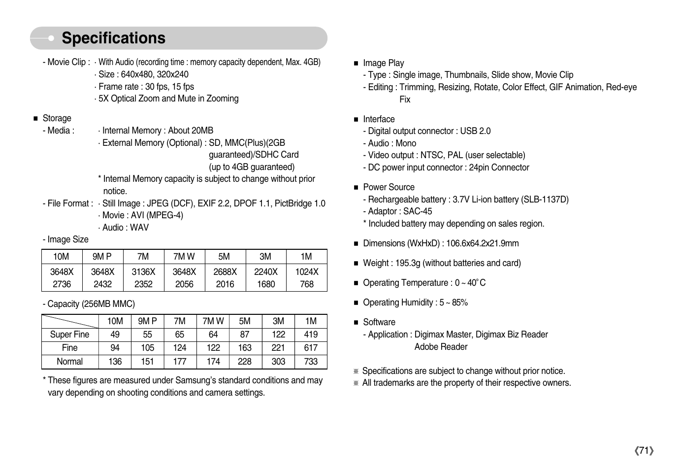 Specifications | Samsung EC-NV11ZBBA-US User Manual | Page 72 / 90