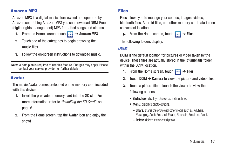 Amazon mp3, Avatar, Files | Amazon mp3 avatar files | Samsung SGH-T959ZKBTMK User Manual | Page 105 / 219