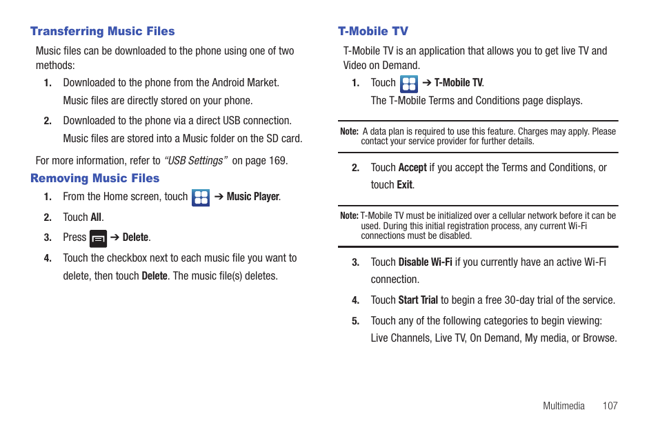 Transferring music files, Removing music files, T-mobile tv | Samsung SGH-T959ZKBTMK User Manual | Page 111 / 219
